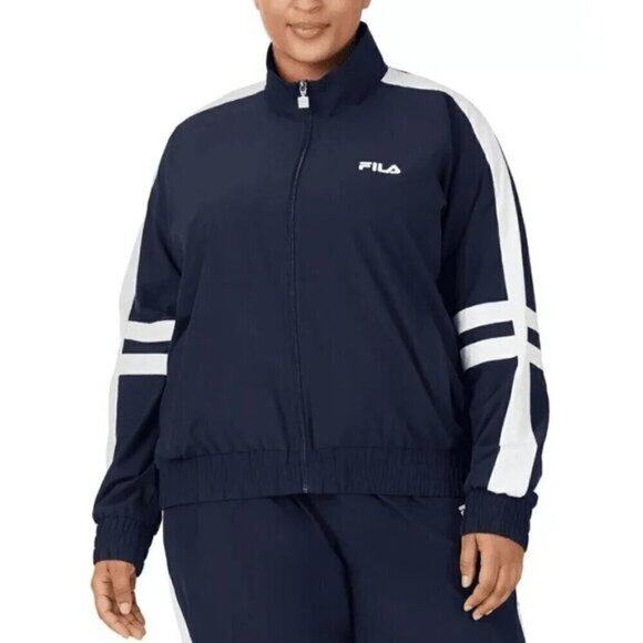 Fila Jovia Women Athletic Plus Size 2X Zip-Front Logo Track Jacket Navy White - Picture 2 of 12